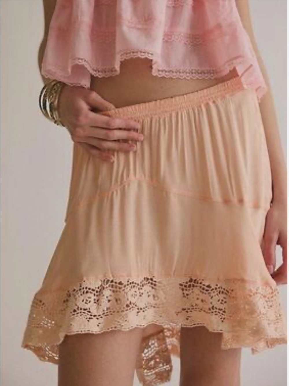 Free People Intimately Lace Tiered Mini Skirt Pale Peach Pink Small NWT